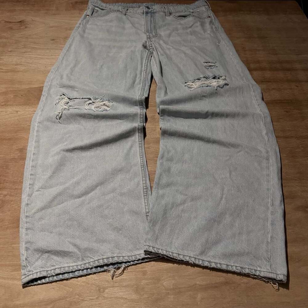 H&M Baggy Wide Leg Distressed Light Wash Jeans 38x30 Grunge